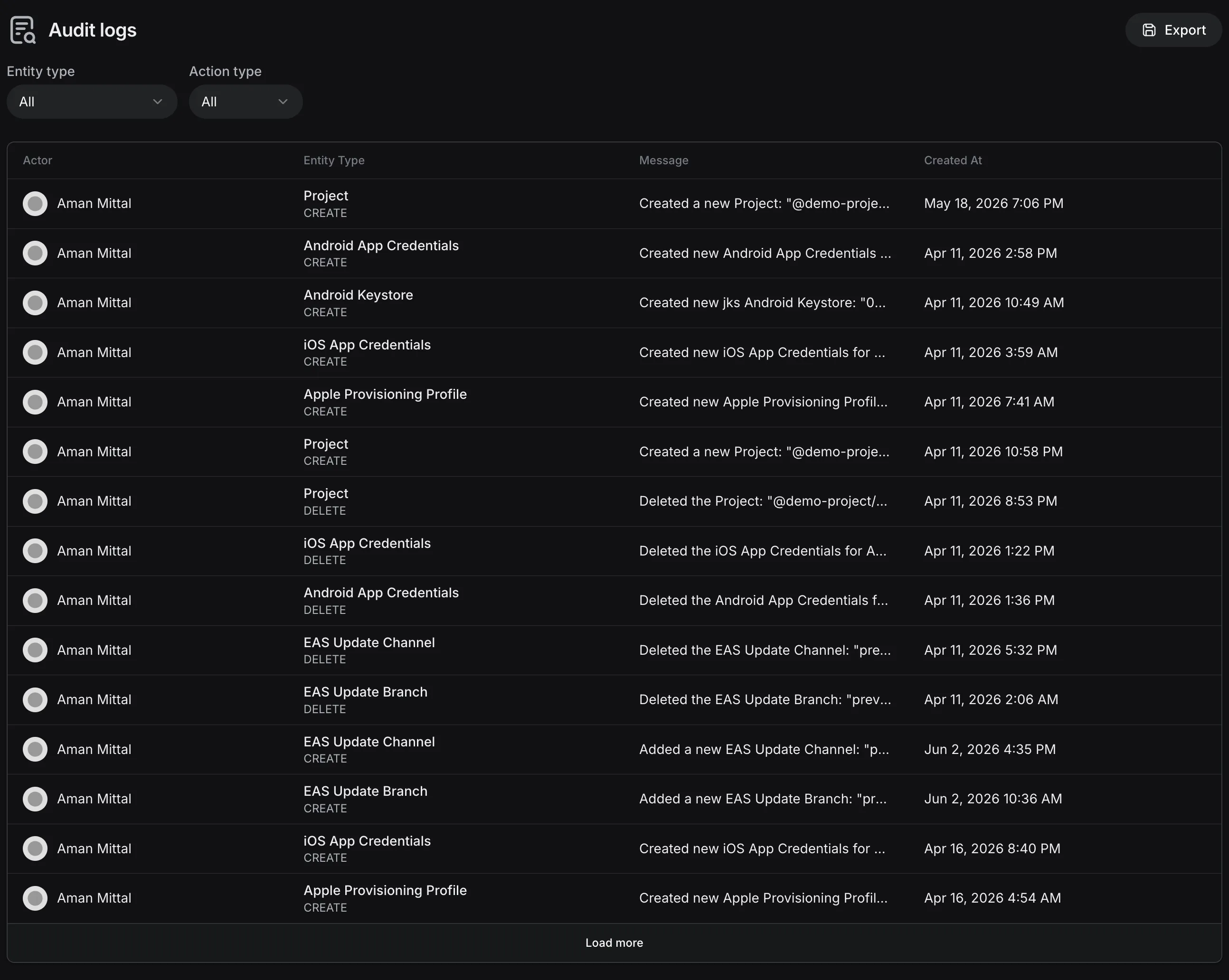 Screenshot showing the audit logs page for an account.