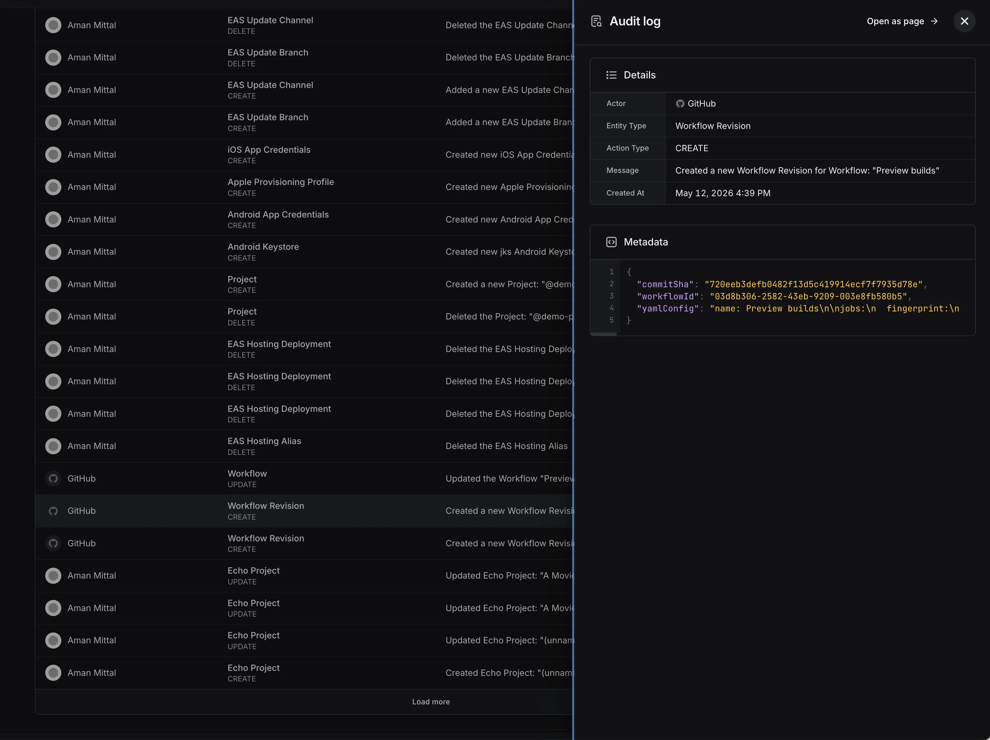 Screenshot showing the details drawer for an audit log.