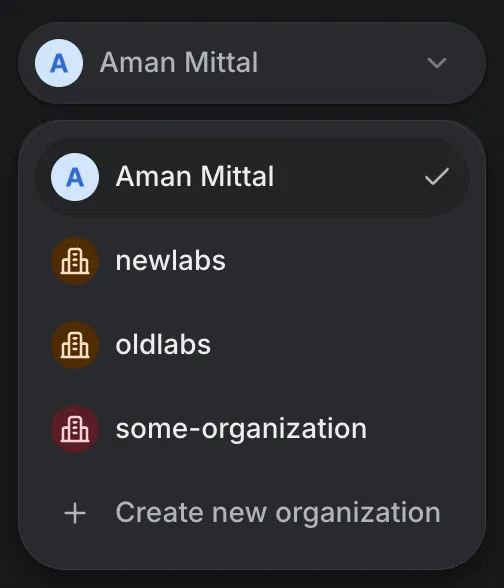 Open the dropdown menu on the dashboard to create a new organization.