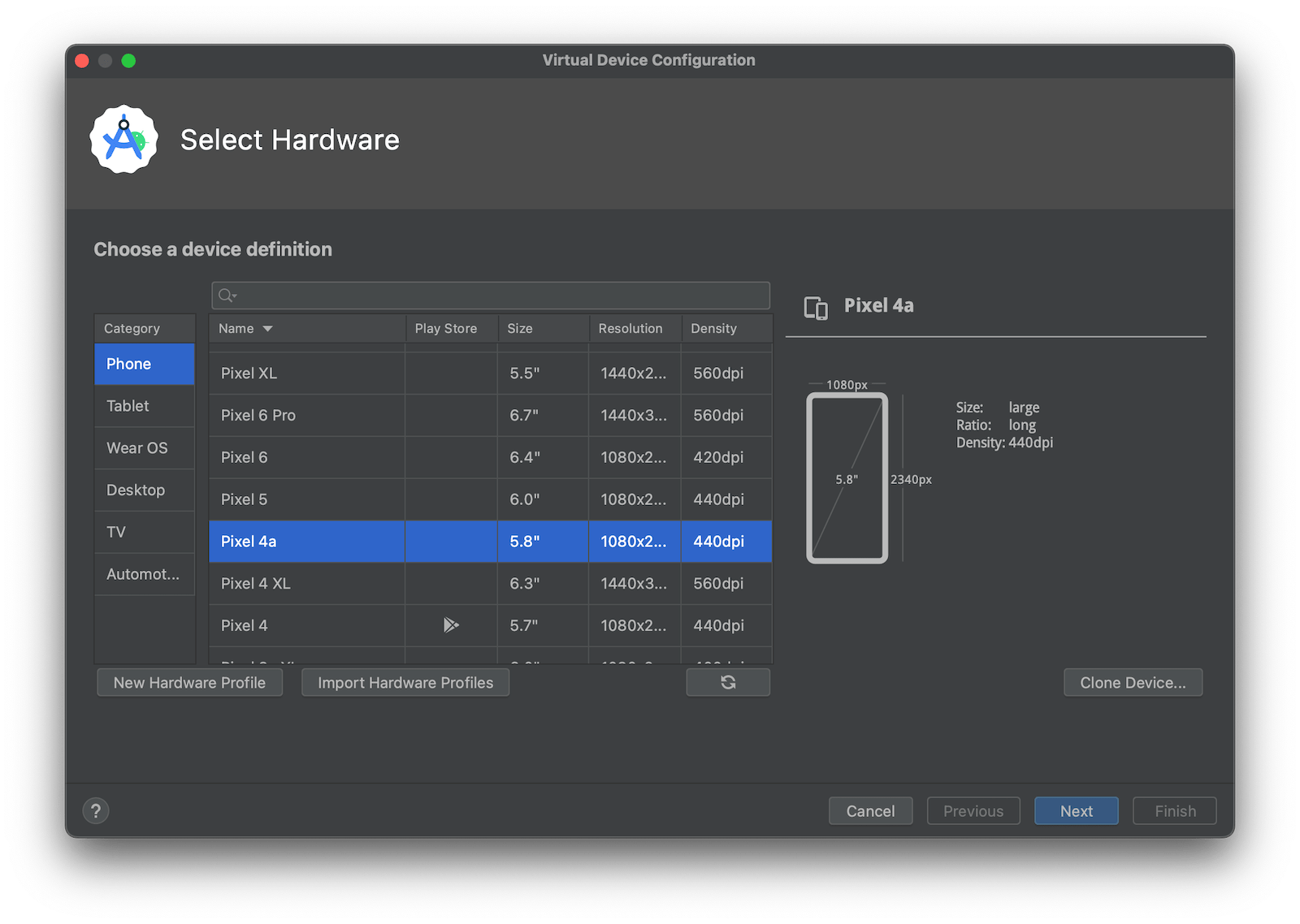 Android Studio create virtual device hardware selection.