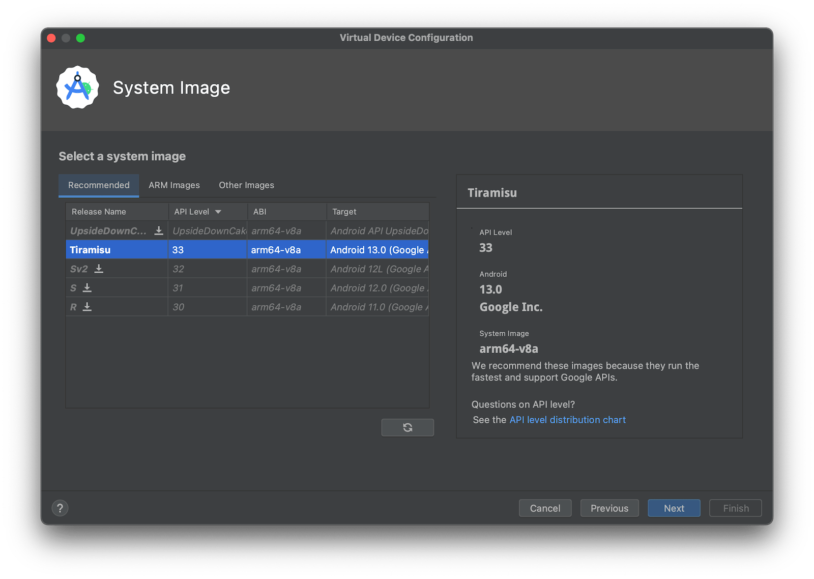Android Studio create virtual device os selection.