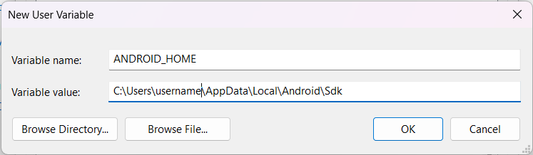 Setting up ANDROID_HOME user variable.
