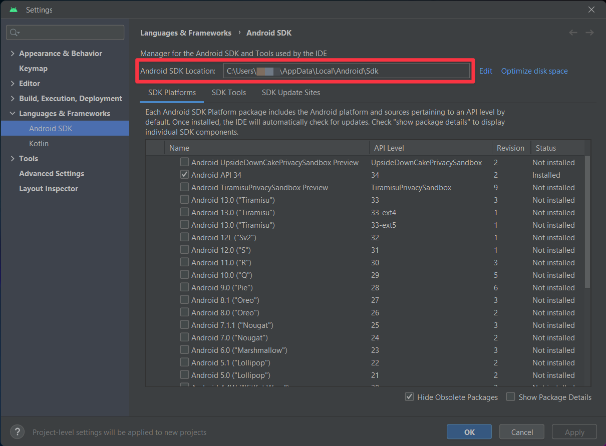 Android SDK location in Android Studio Settings.