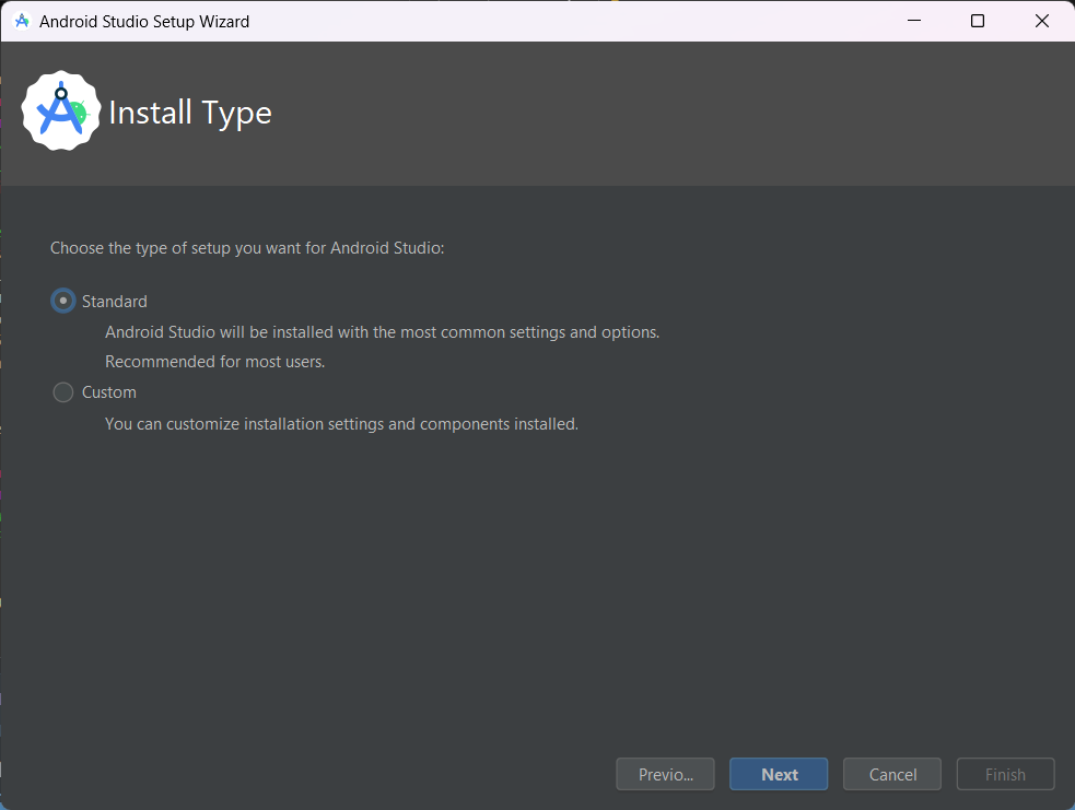 Android Studio Setup Wizard asks for the type of installation.