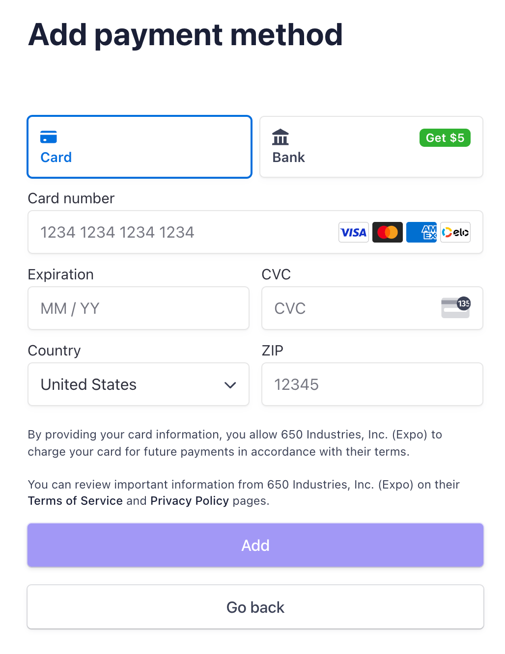 On add a new payment method, enter the new payment method details.
