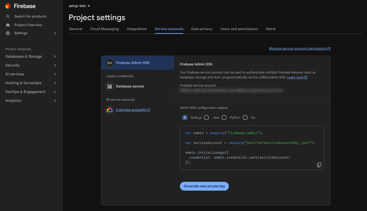 Service accounts settings tab in Firebase console