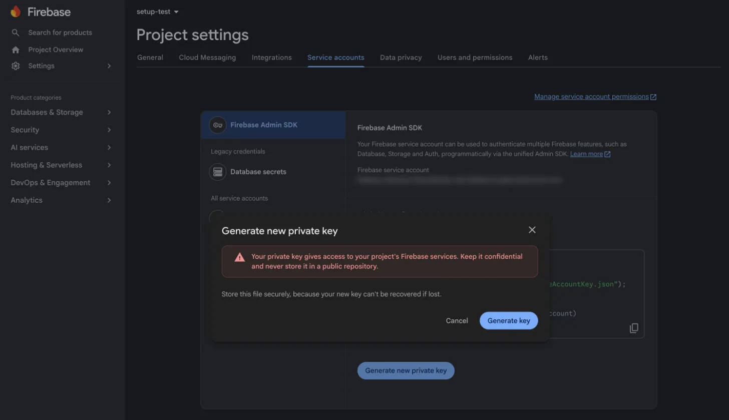 Generate a new private key in the Firebase Console