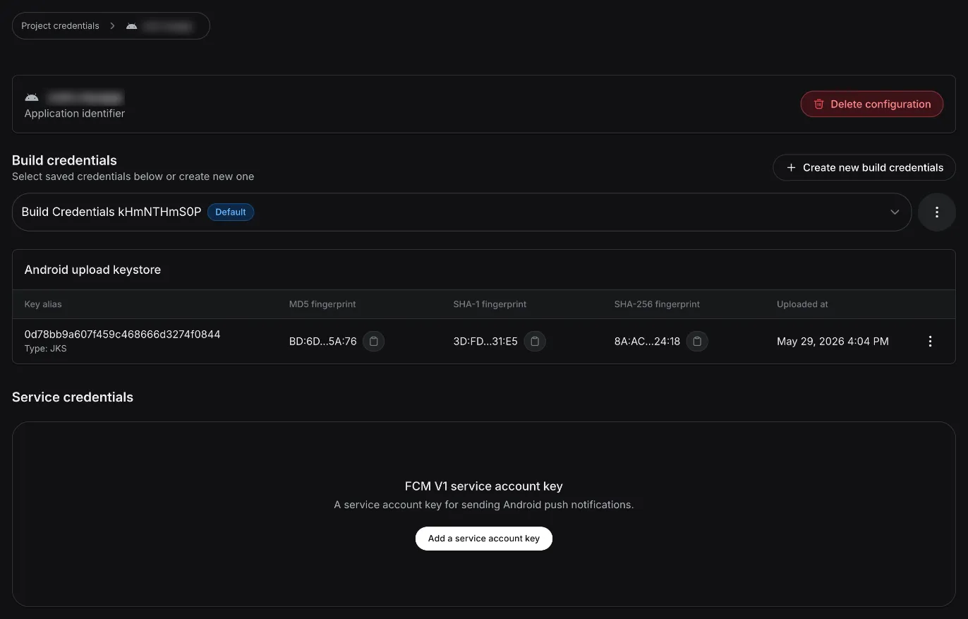 FCM V1 service account key card under Service credentials on expo.dev