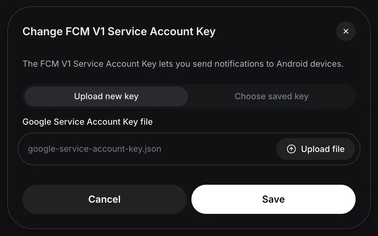 Change FCM V1 Service Account Key dialog with Upload new key selected