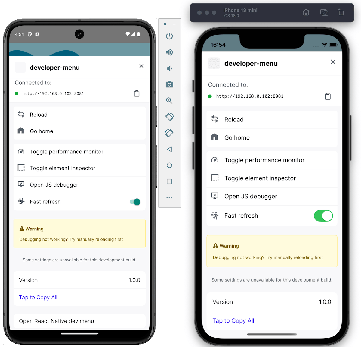 The Expo Go Developer Menu, showing the menu options available.