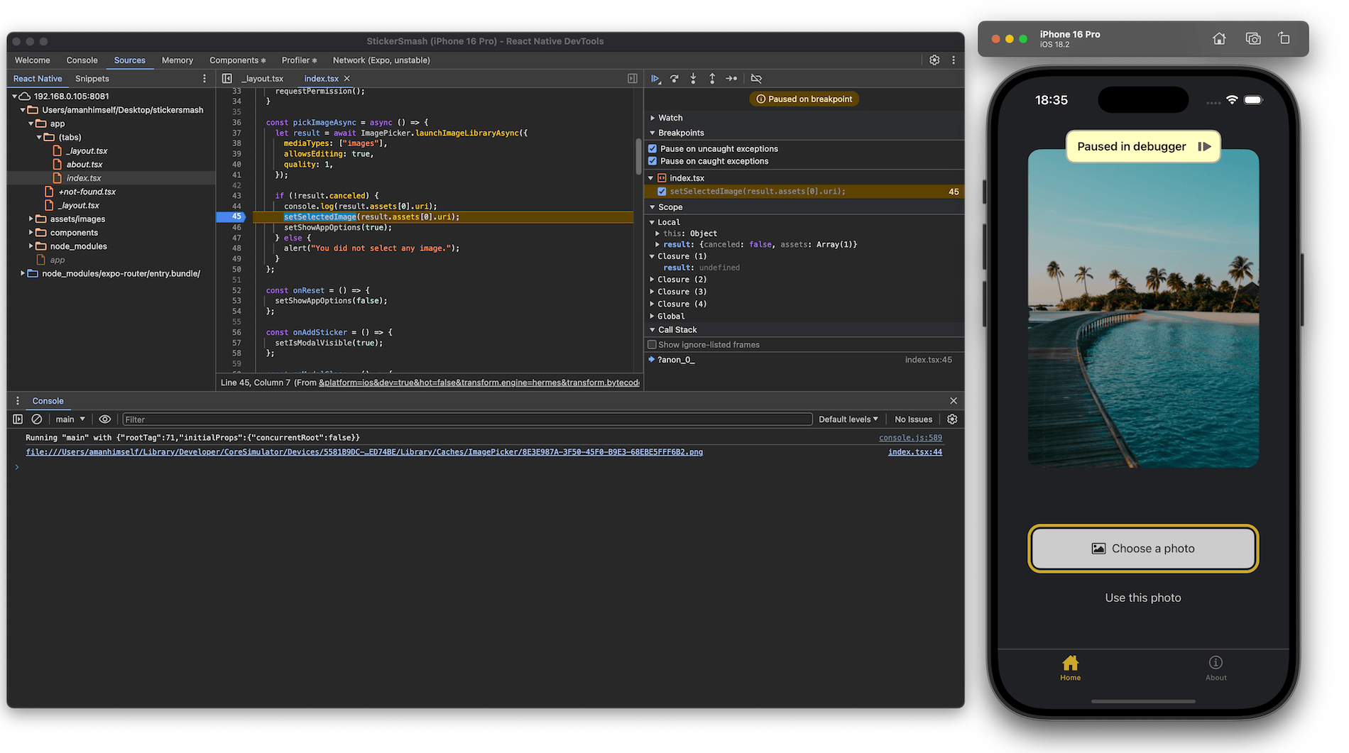 Use the console with breakpoints to inspect variables and invoke code through your app.