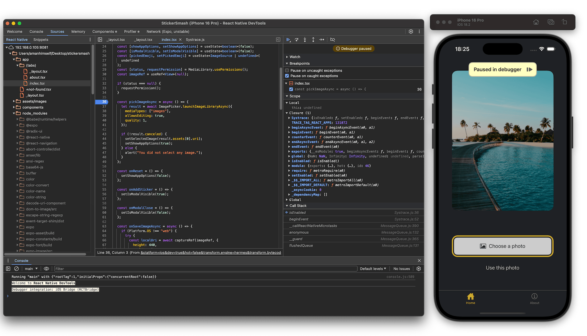 The React Native DevTools showing one of the files under the Sources tab.