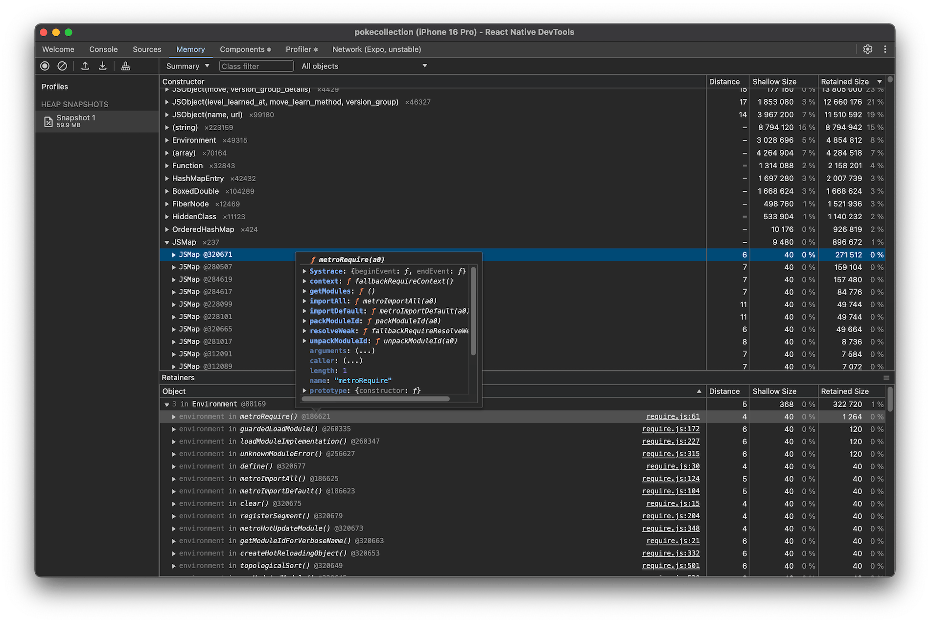 Inspect memory usage of your app's JavaScript code.