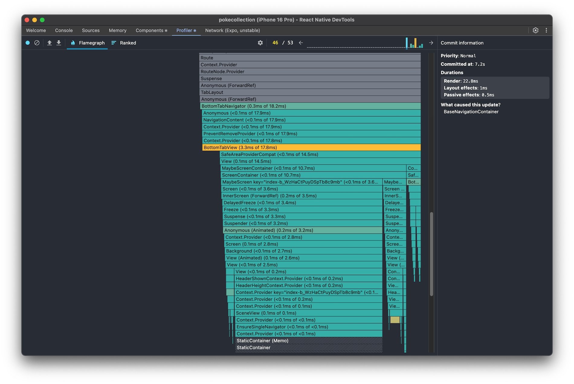 React DevTools Profiler tab open to show insights on app's JavaScript performance.