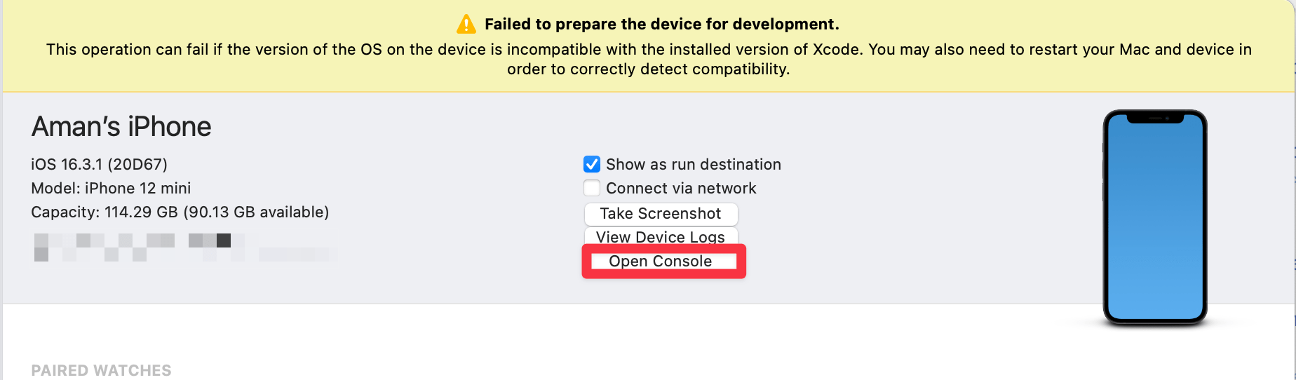 Devices and Simulators window in Xcode.
