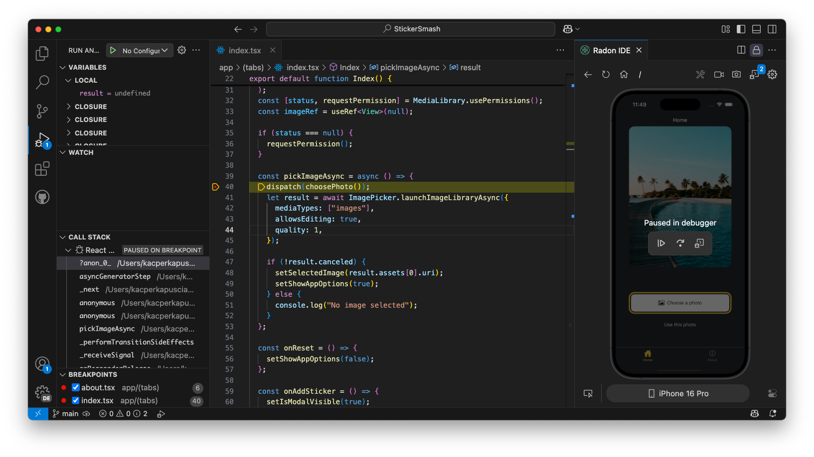 Debugging code using Radon IDE.
