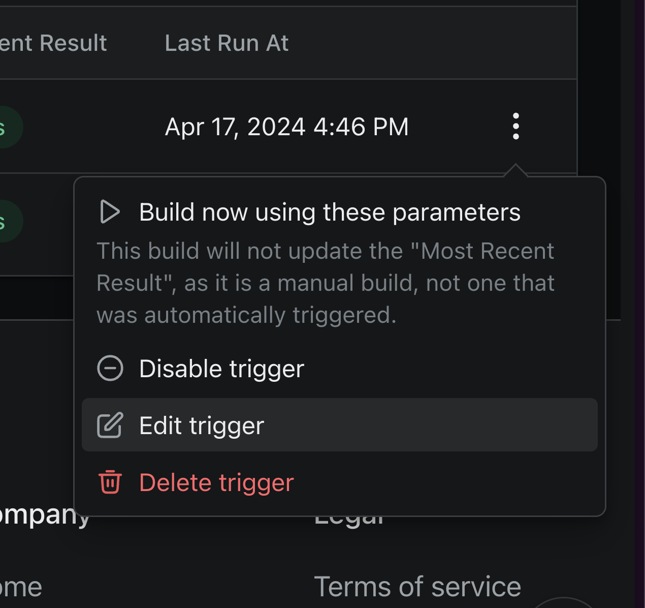 The options button on the build trigger row
