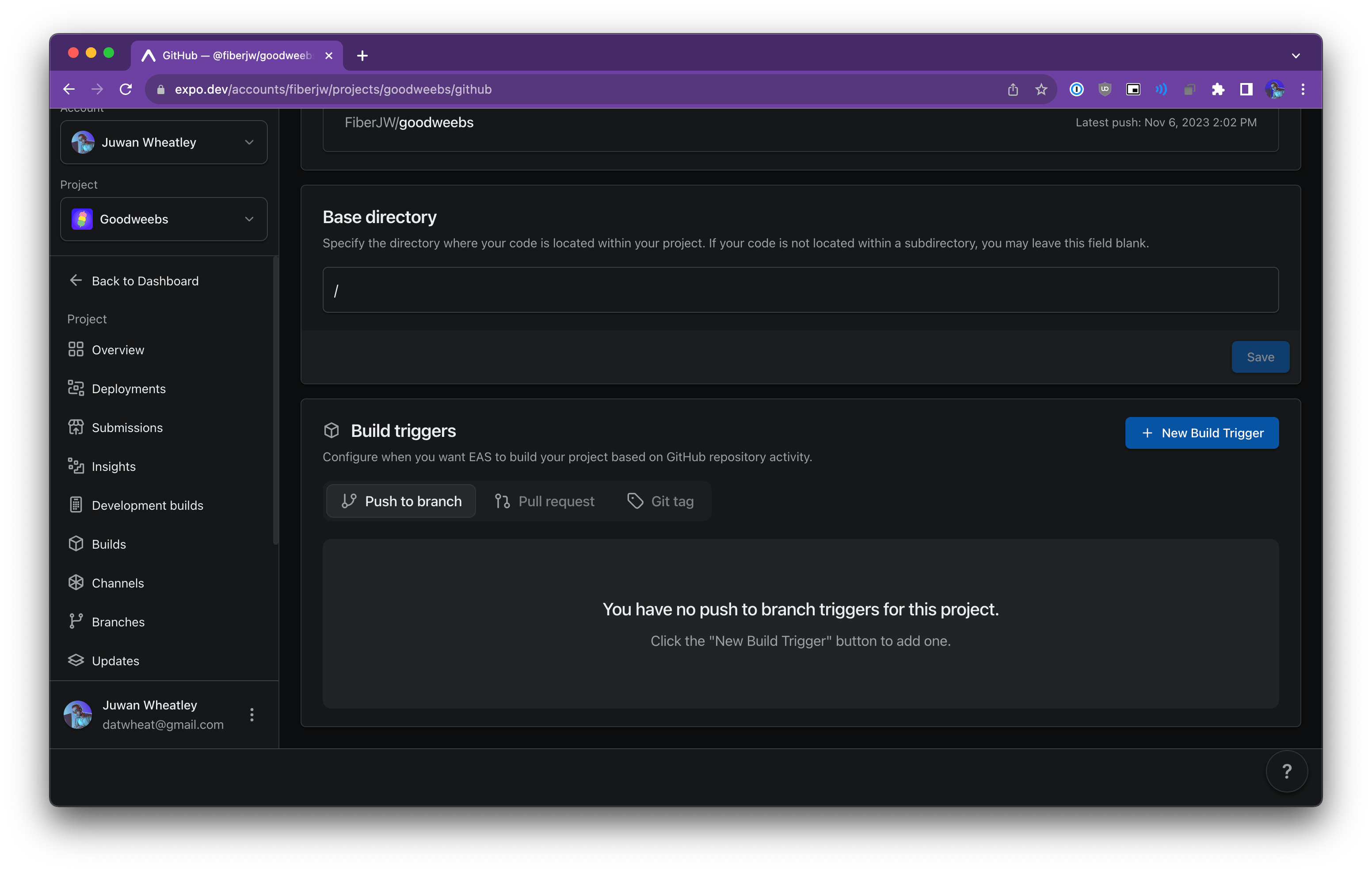 The build triggers section on the Expo project GitHub settings page
