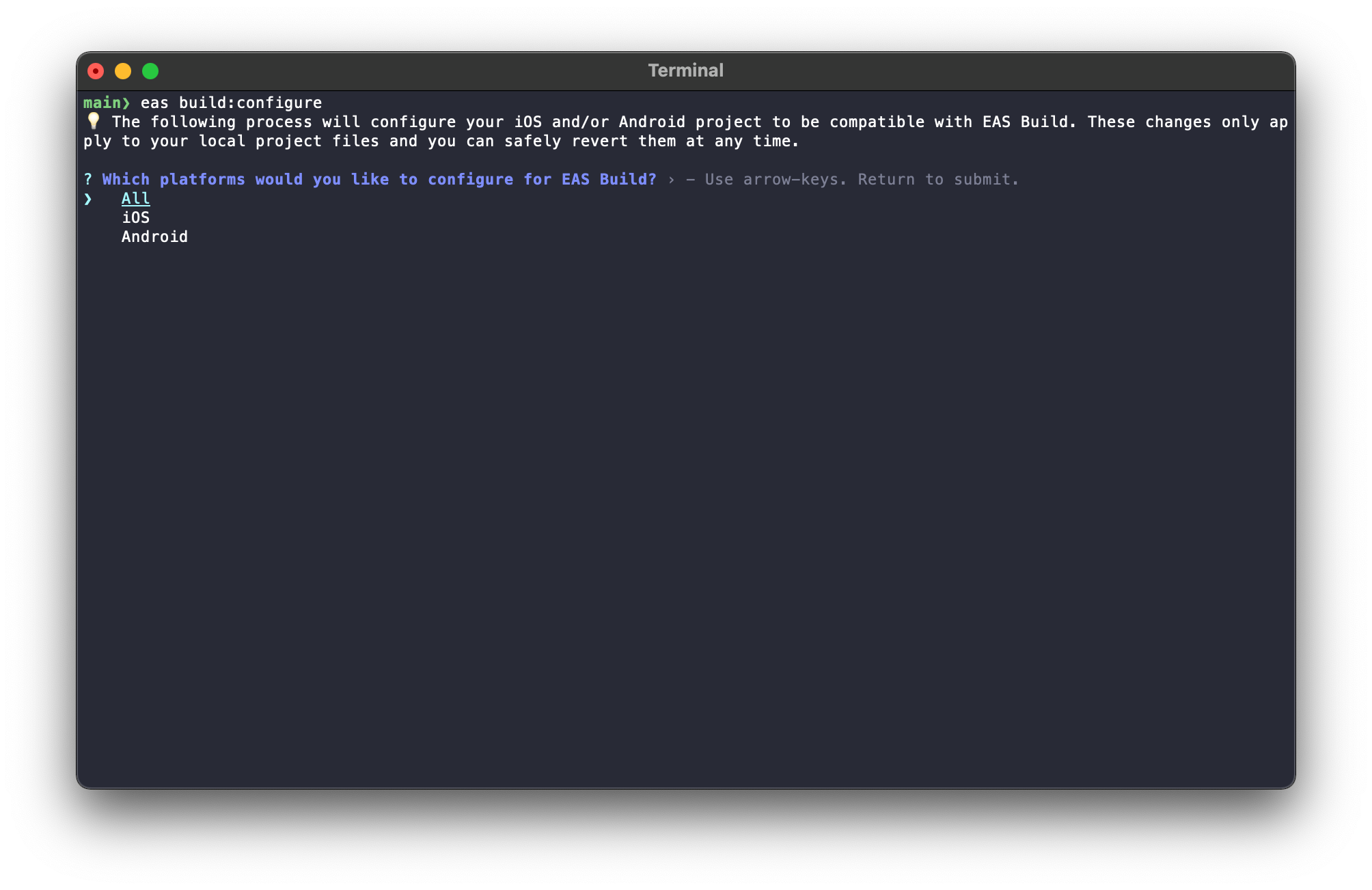 Terminal running eas build command with platform iOS and Android options available