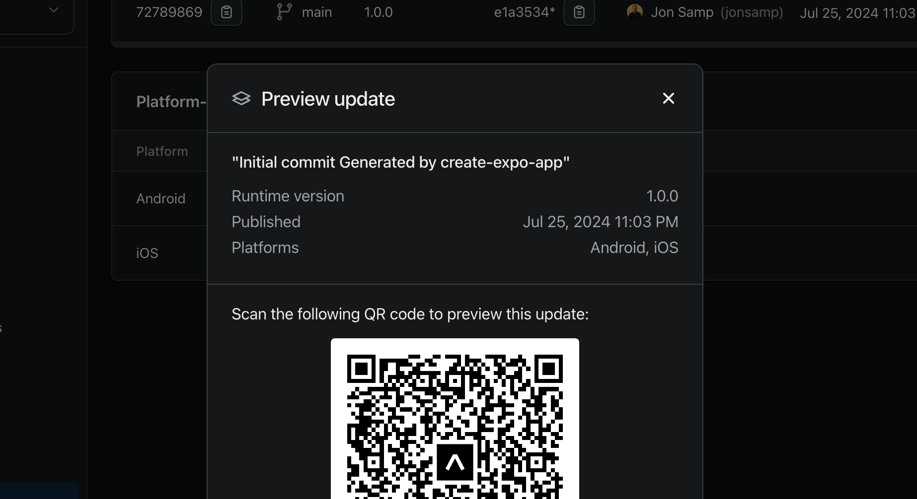 Preview update QR code UI on expo.dev.