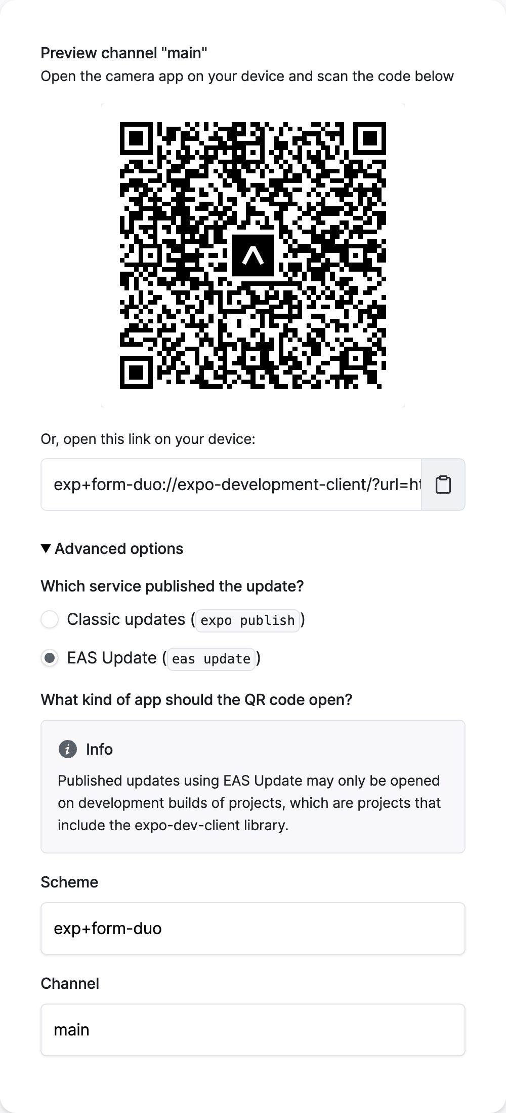 Preview EAS Update QR Code configuration