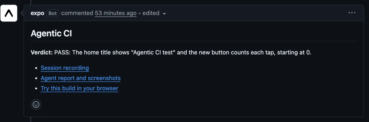 Agentic CI comment on a GitHub pull request with a PASS verdict and links to the session recording, the agent report, and a browser preview