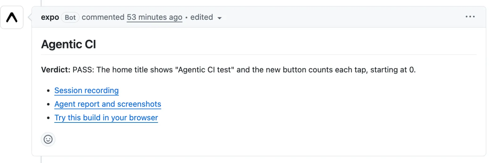 Agentic CI comment on a GitHub pull request with a PASS verdict and links to the session recording, the agent report, and a browser preview