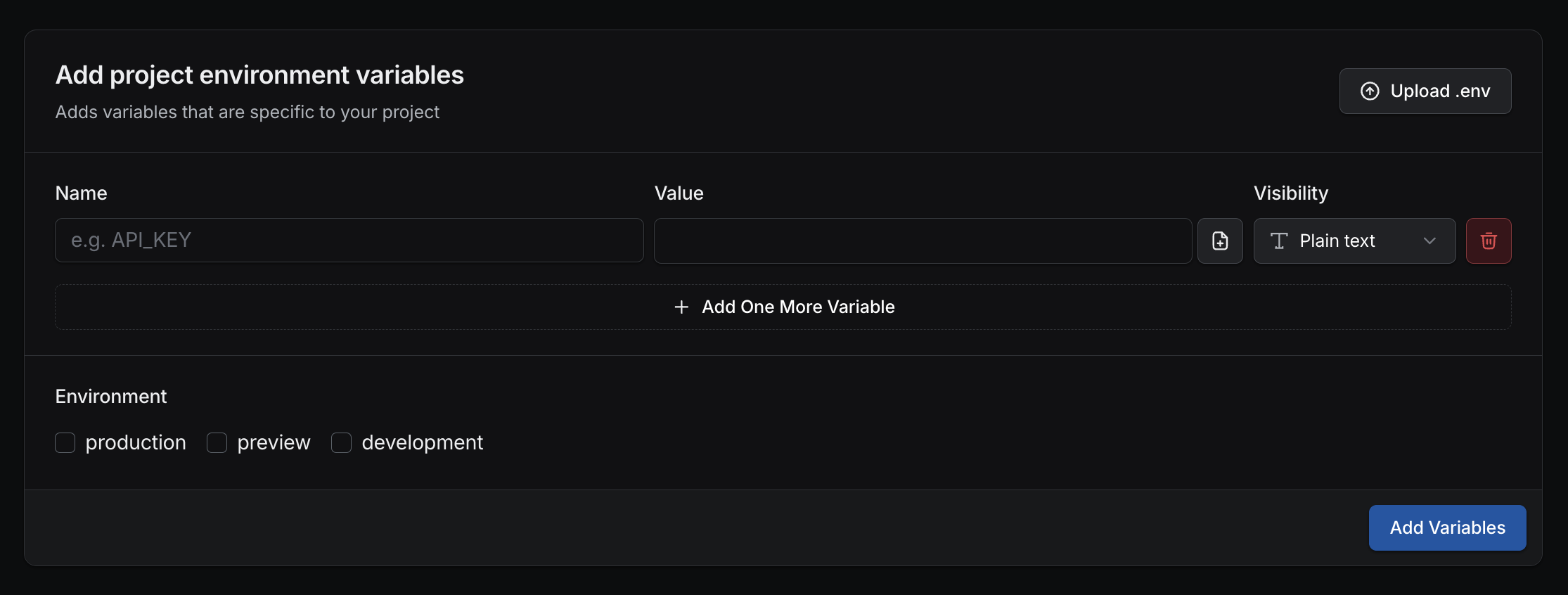 Create an environment variable form