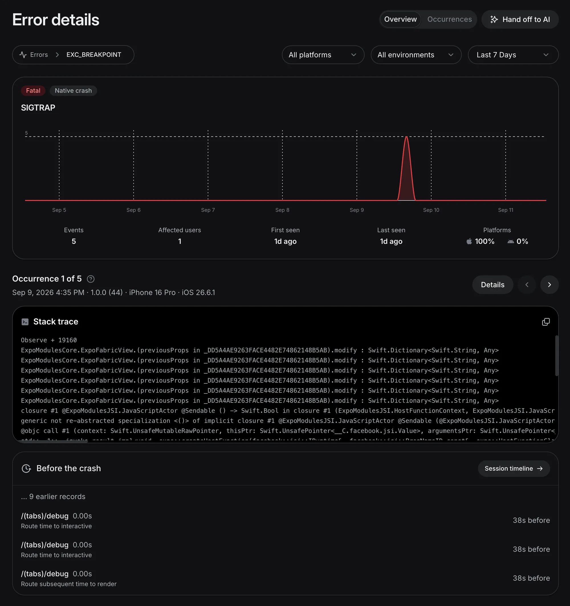 The error details page of the EAS Observe dashboard, showing the stack trace of a native crash and the session records that preceded it.