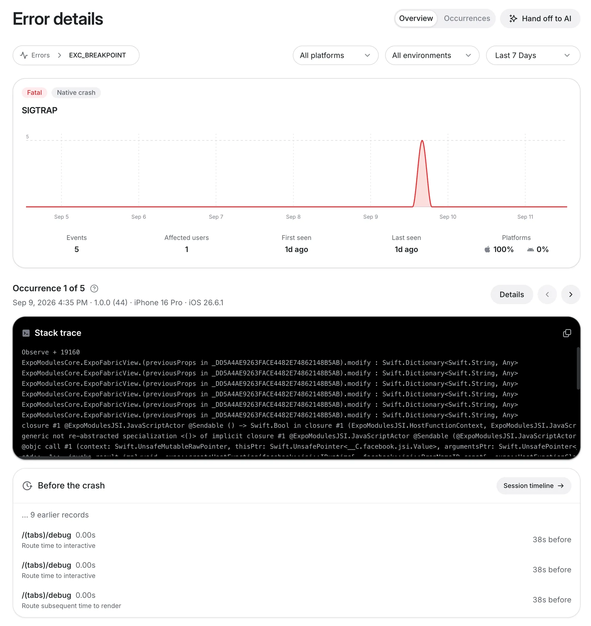 The error details page of the EAS Observe dashboard, showing the stack trace of a native crash and the session records that preceded it.