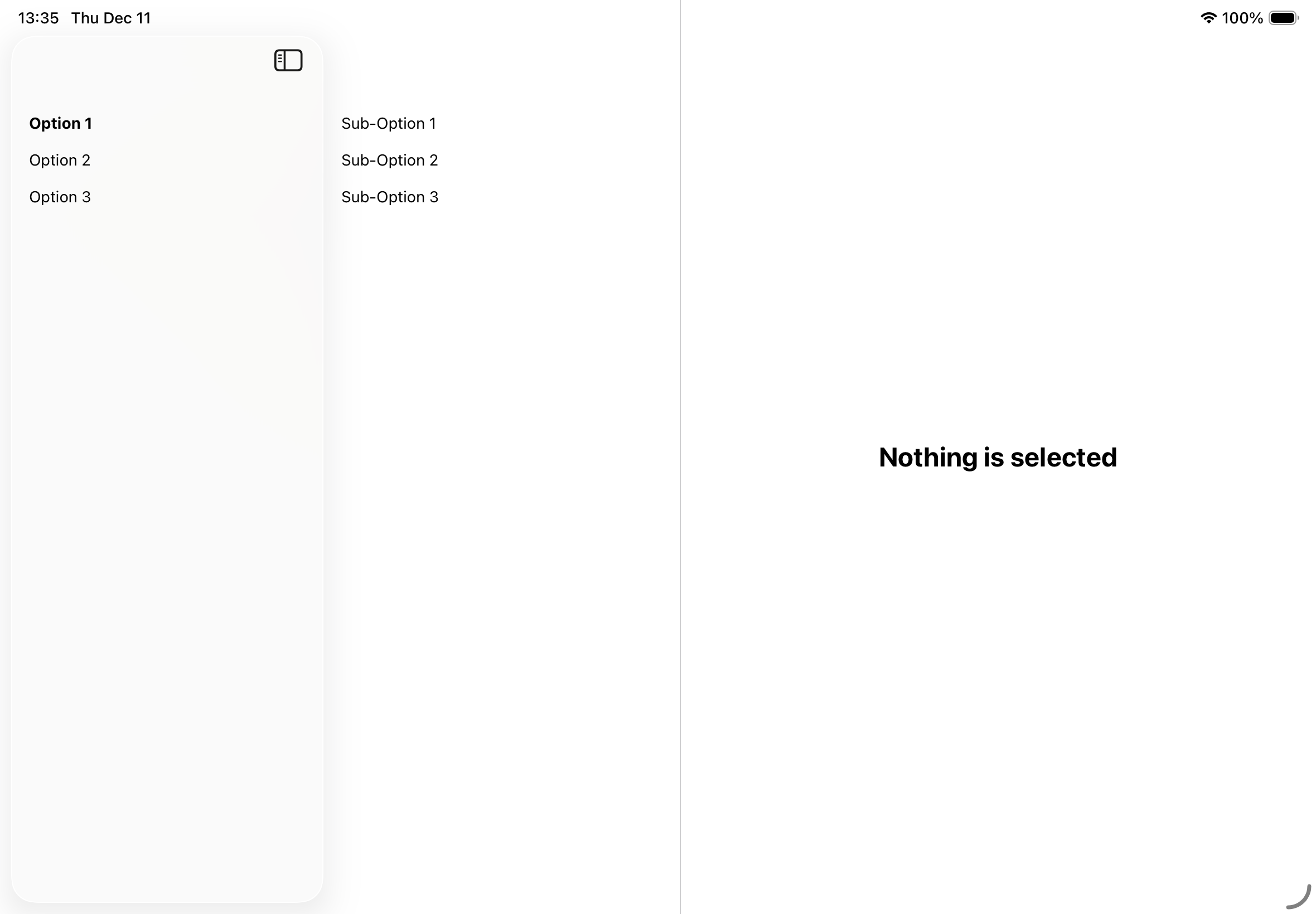 A screenshot of an iPad app using split view with three columns.