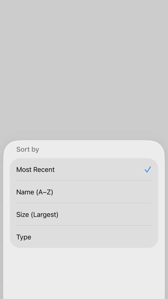 A BottomSheet at medium detent showing a Sort By list with Most Recent selected
