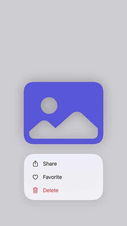A long-pressed tile shown as an enlarged preview with a Share, Favorite, Delete menu beneath it