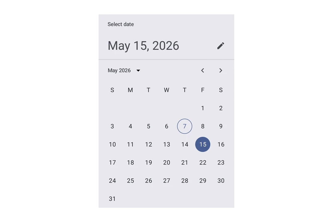 Material 3 date picker showing a selected date in a calendar grid
