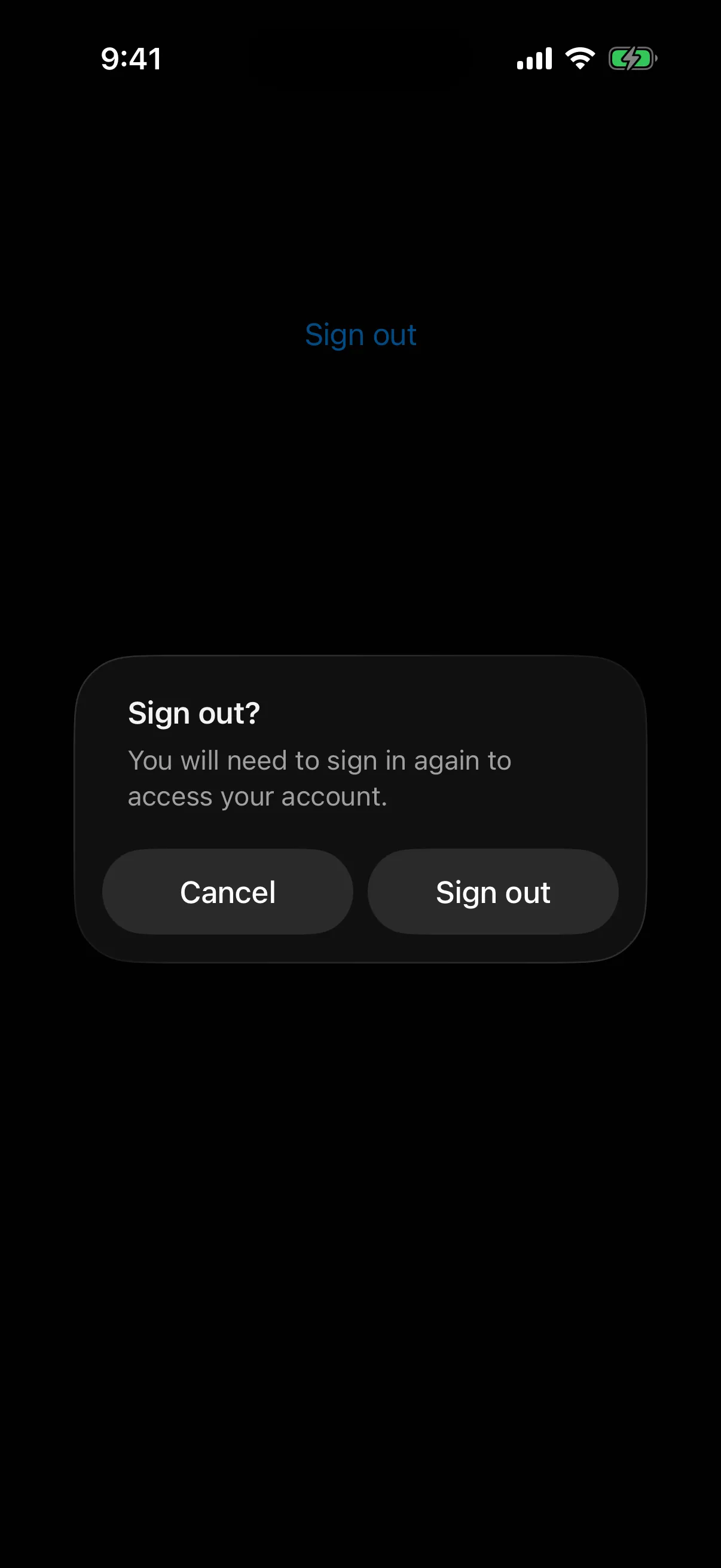 Alert titled Sign out? with a message and Cancel and Sign out buttons