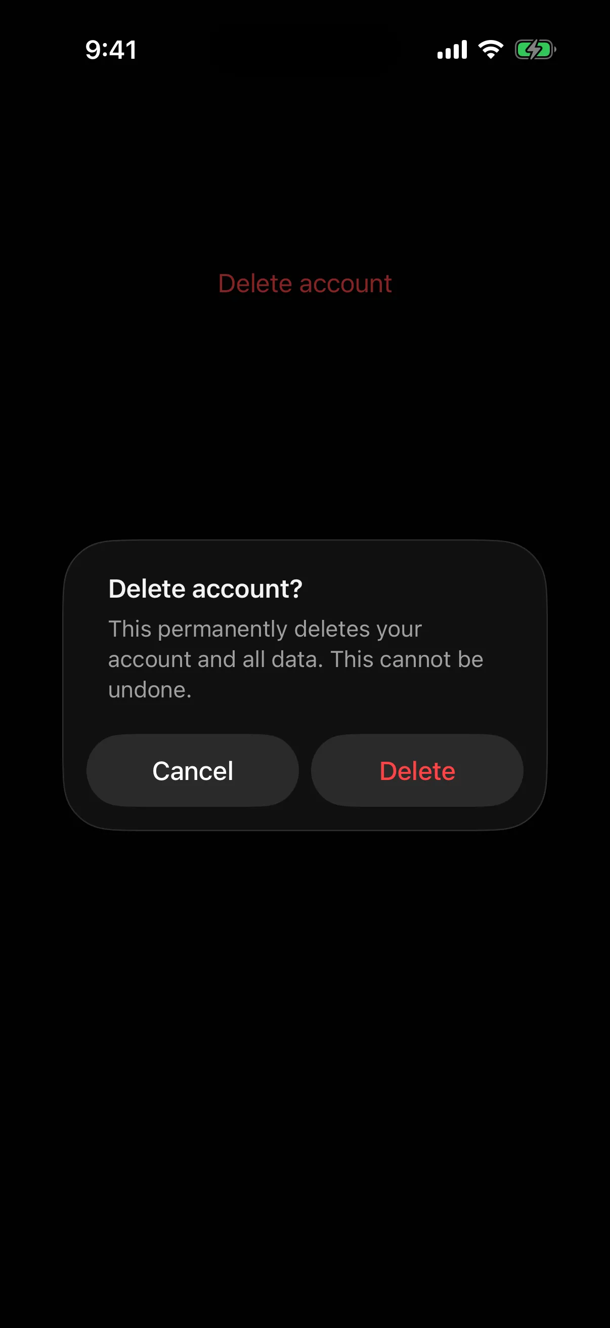 Alert titled Delete account? with a message, a Cancel button, and a red Delete button