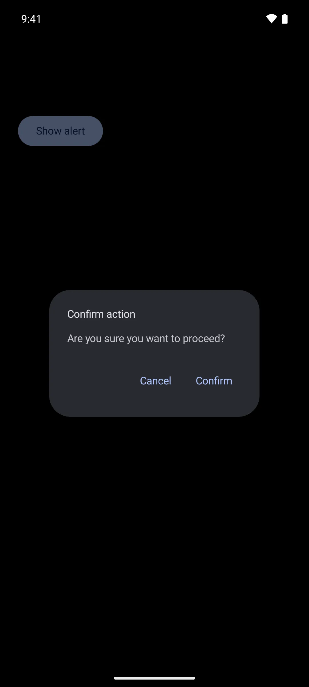 A Material 3 alert dialog titled Confirm action with supporting text and Cancel and Confirm buttons