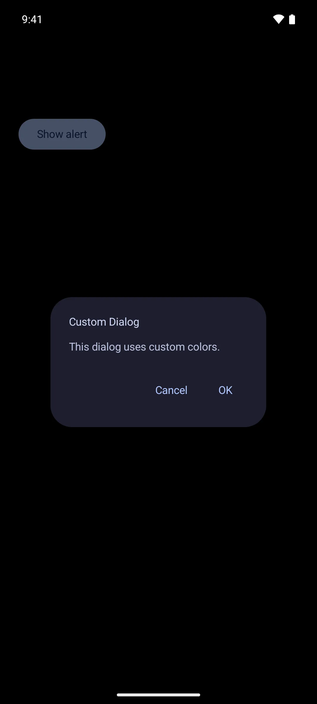 An alert dialog with a dark navy container and light text, overriding the theme colors