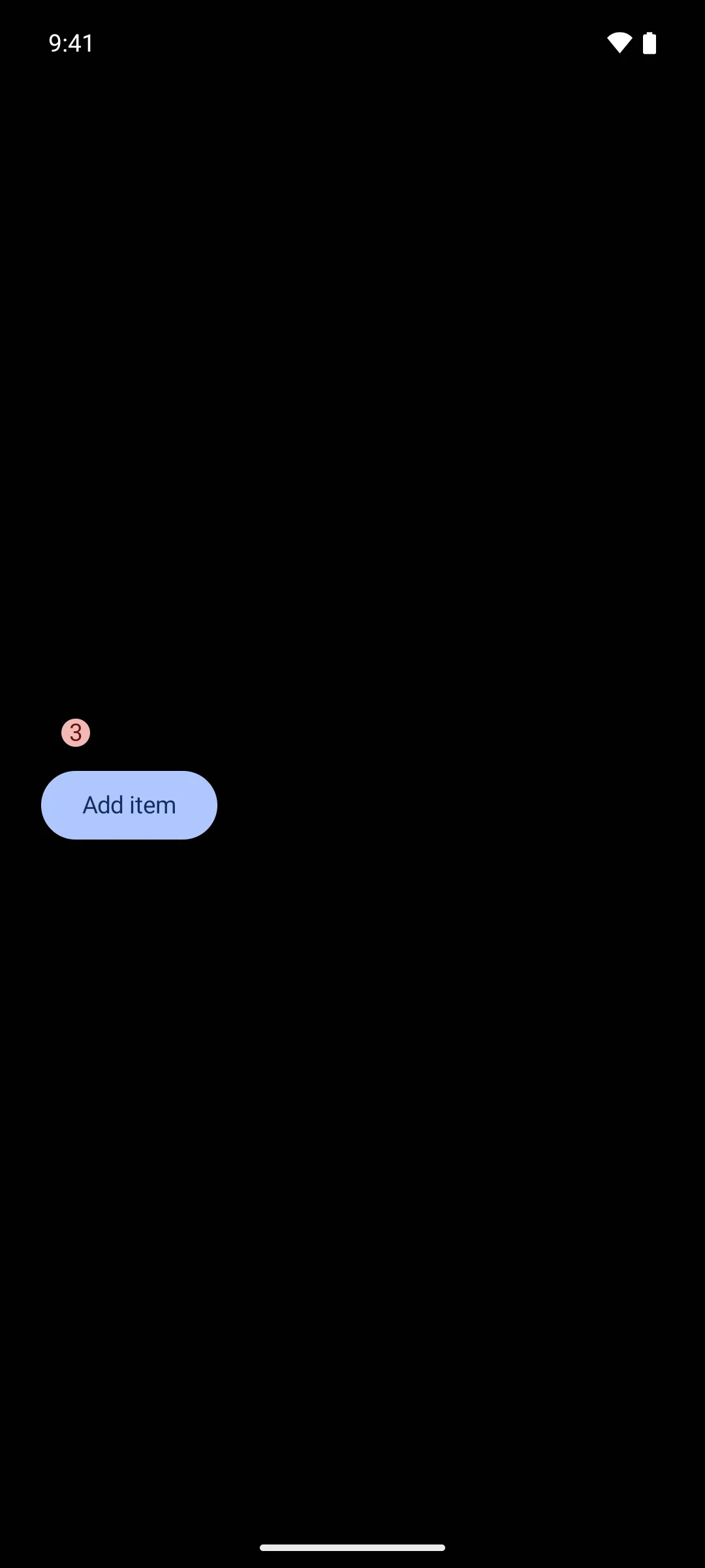 A cart icon badged with the count 3 above an Add item button
