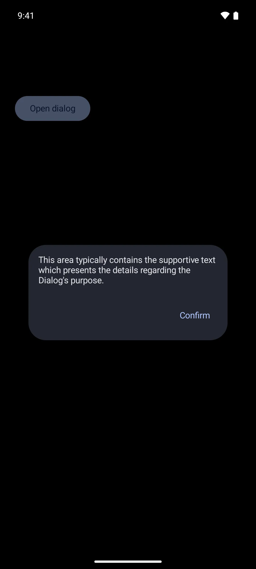 A dialog holding custom content: supportive text with a Confirm button at the trailing edge