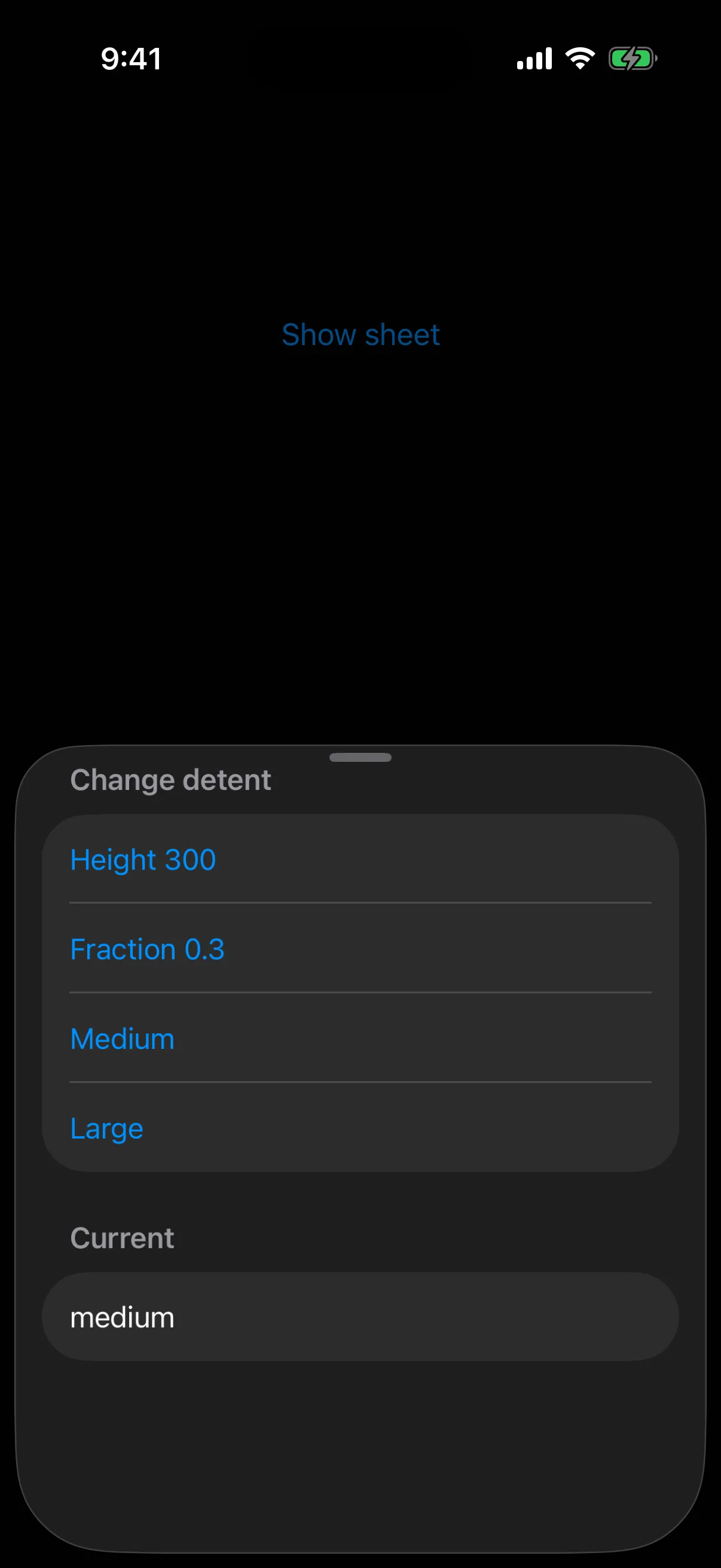A bottom sheet listing detent options with the current detent shown as medium