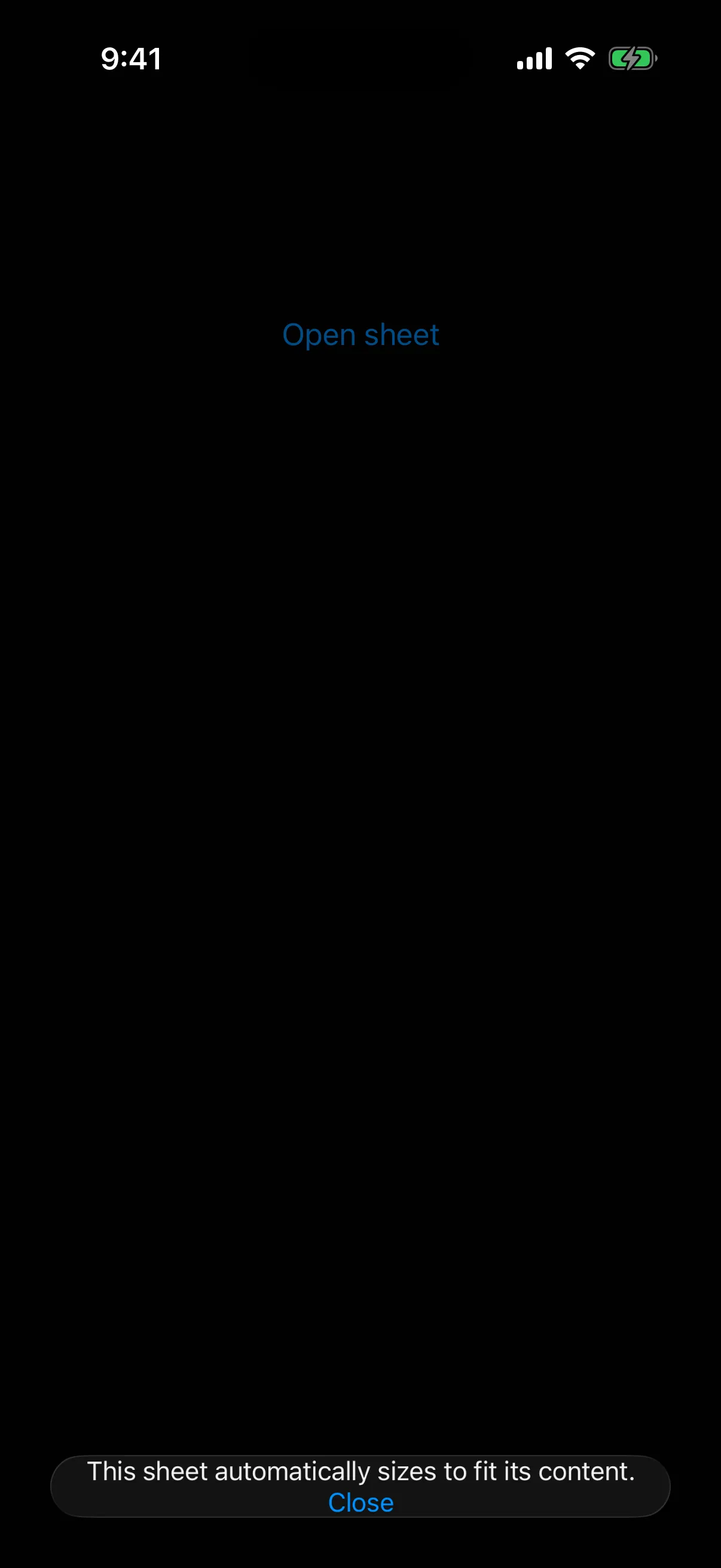 A bottom sheet sized to one line of text and a Close button