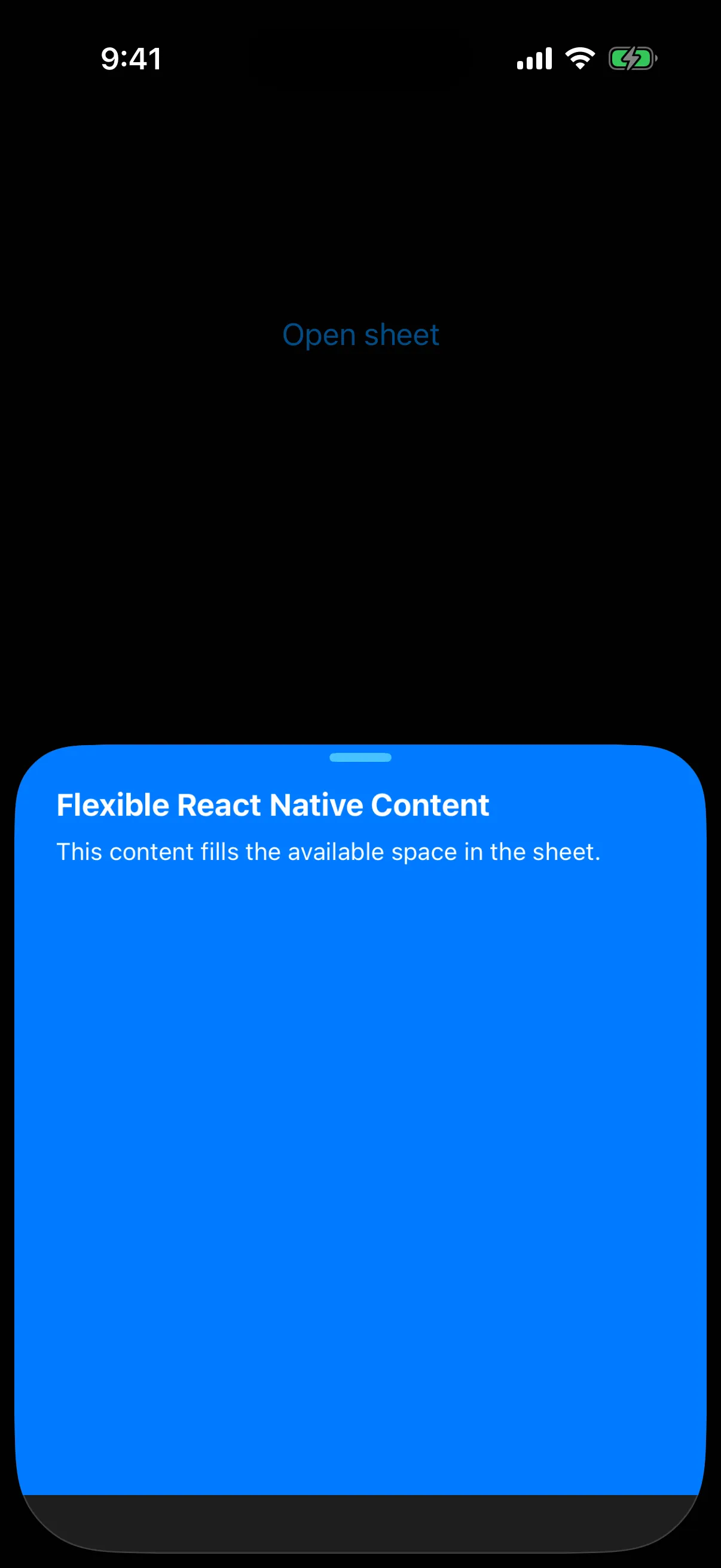 A bottom sheet filled by a blue React Native view at the medium detent