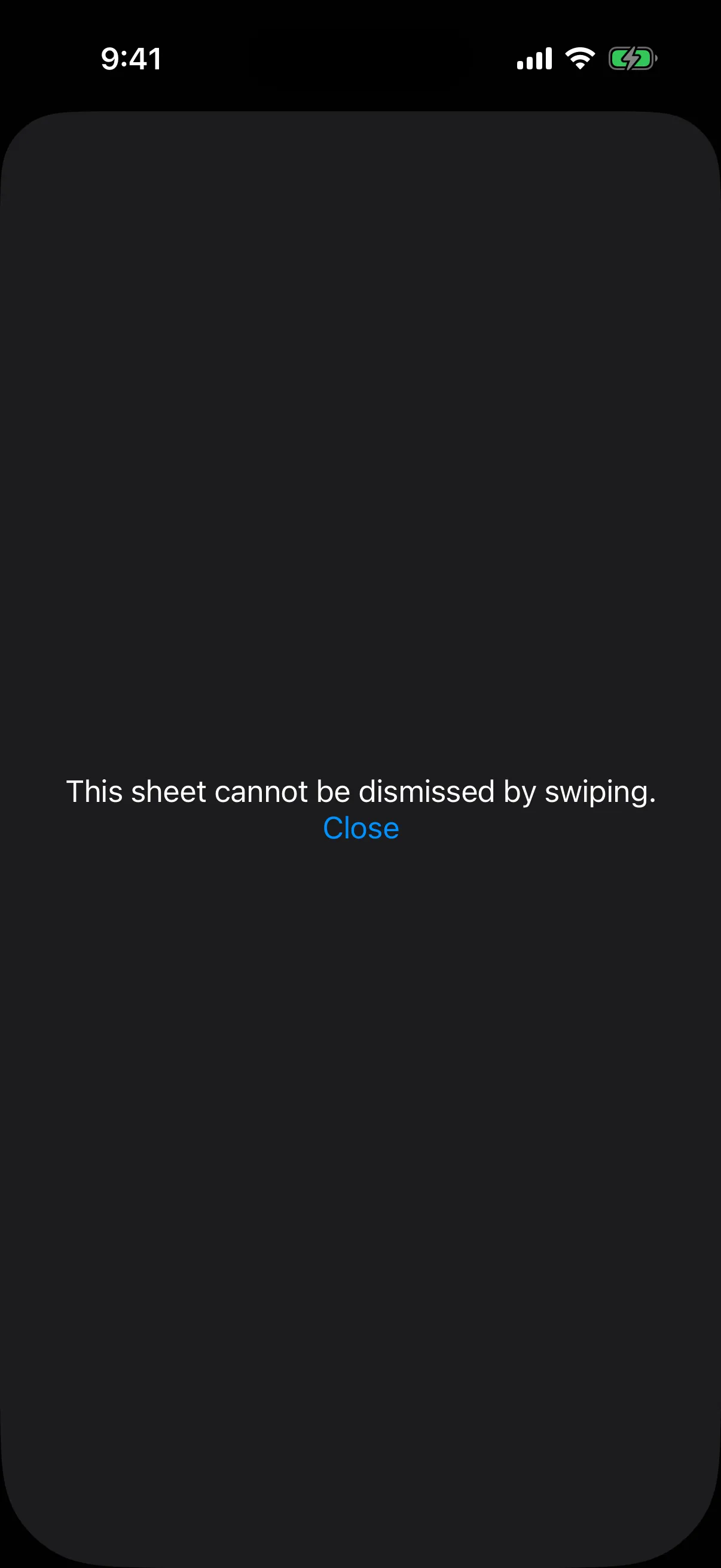 A full-height bottom sheet with text and a Close button