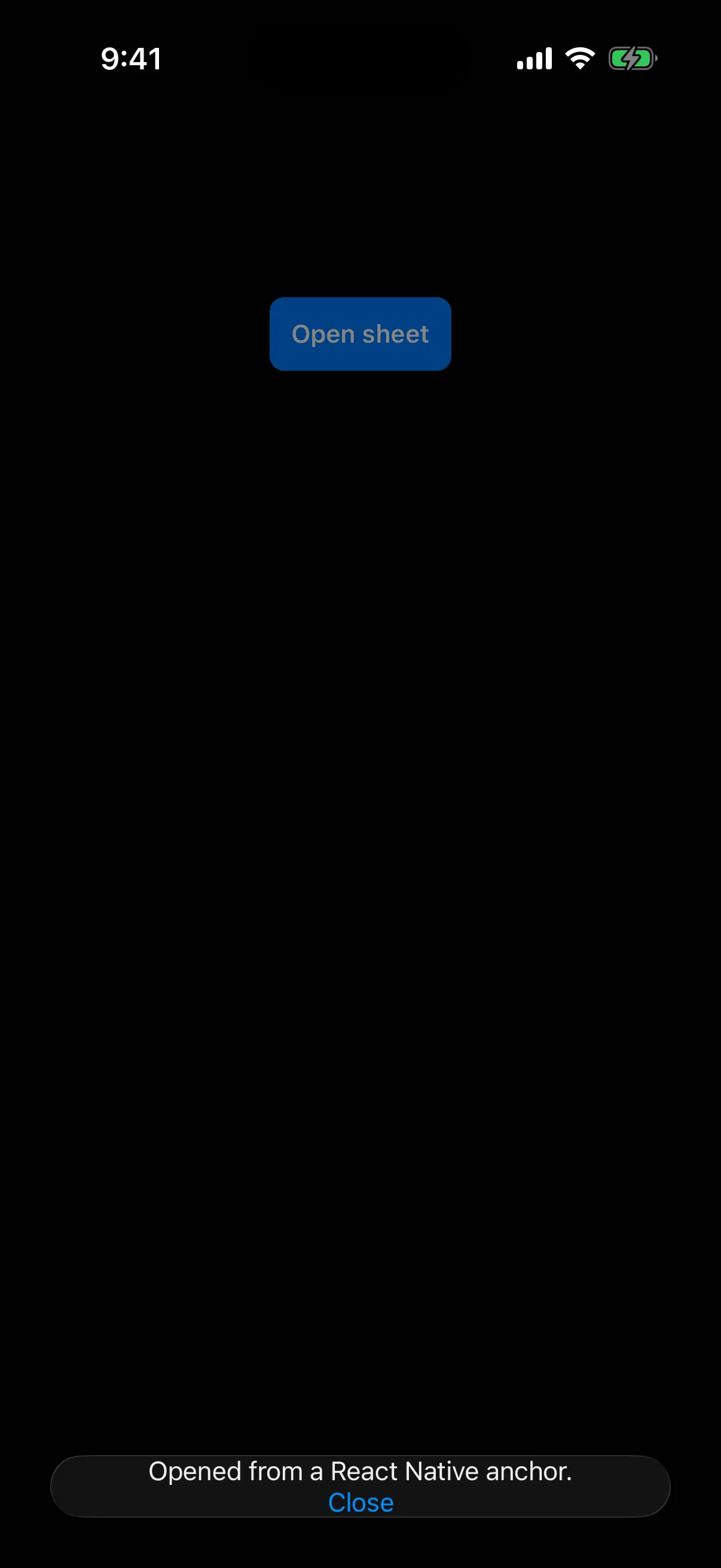 A blue React Native button above a bottom sheet sized to its content