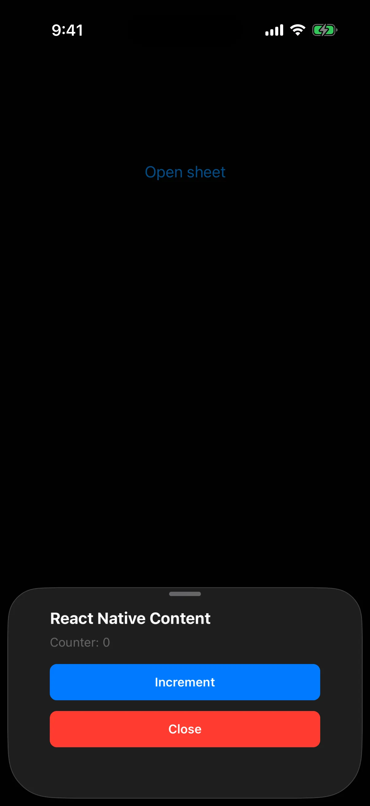 A bottom sheet holding React Native text, a counter, and Increment and Close buttons