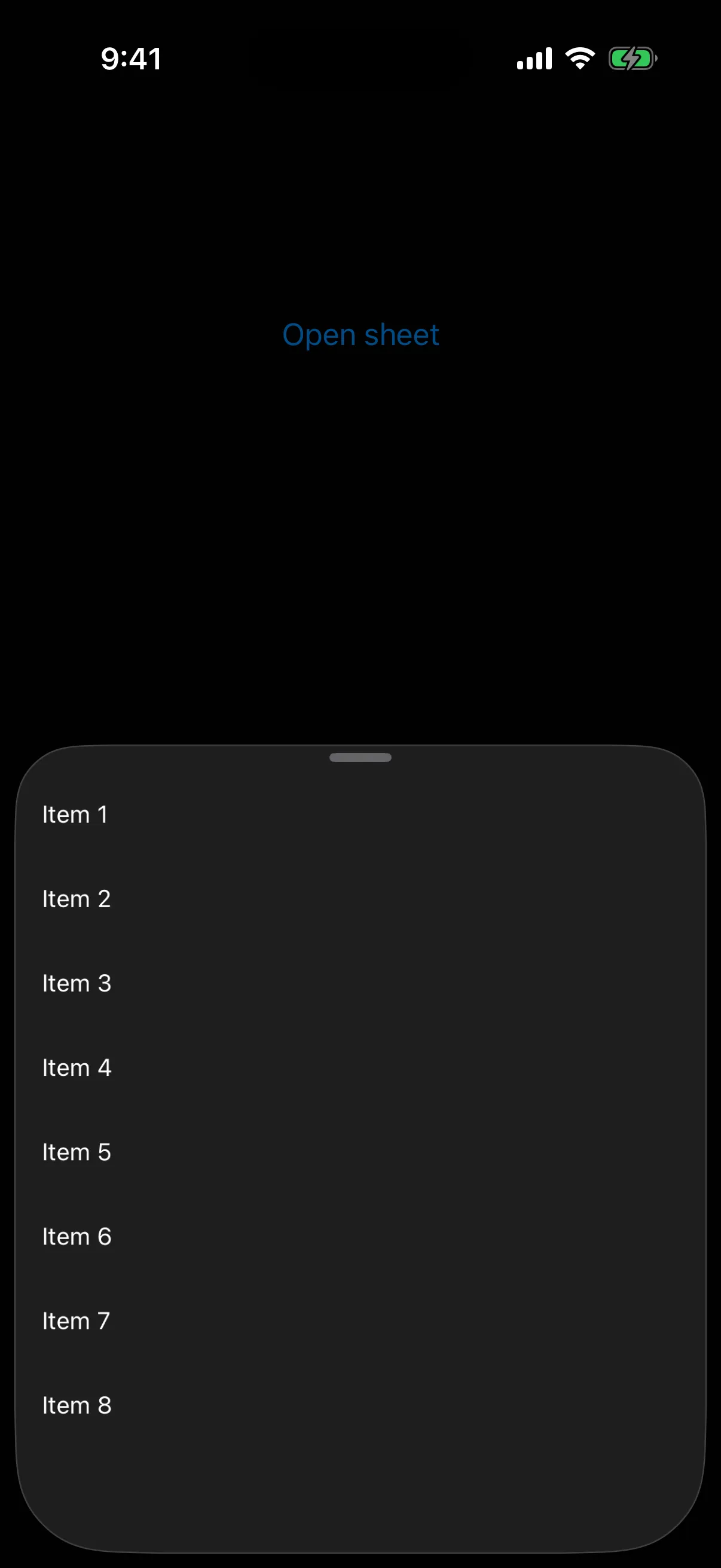 A bottom sheet at the medium detent listing Item 1 through Item 8