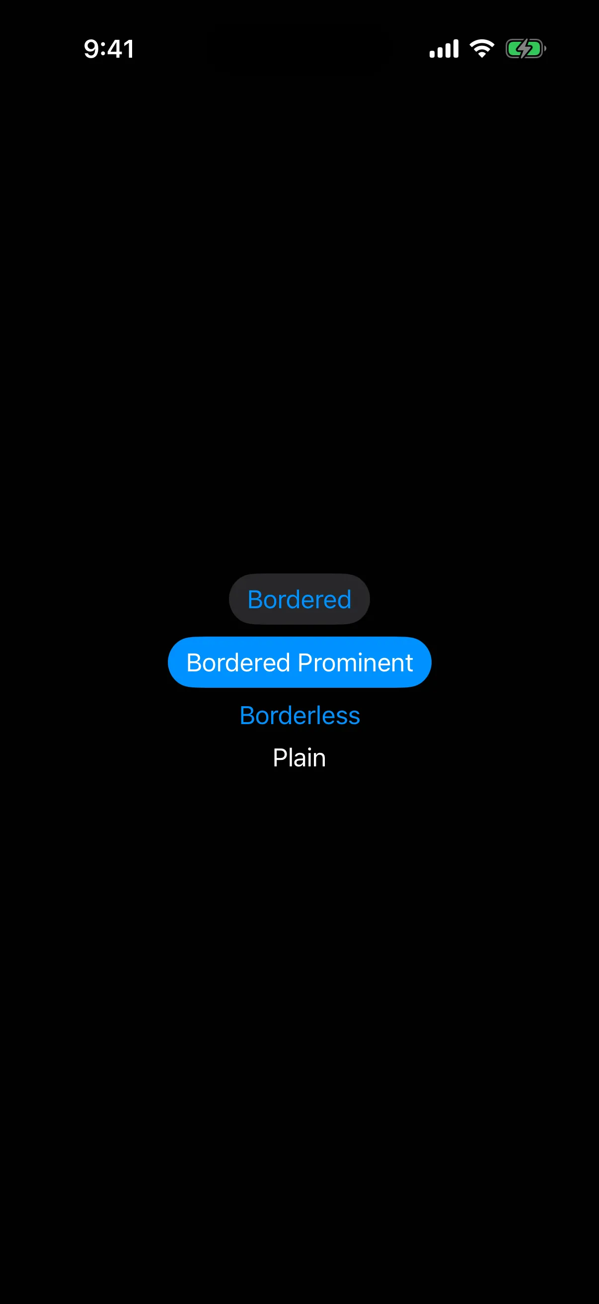 Four buttons showing the bordered, bordered prominent, borderless, and plain styles