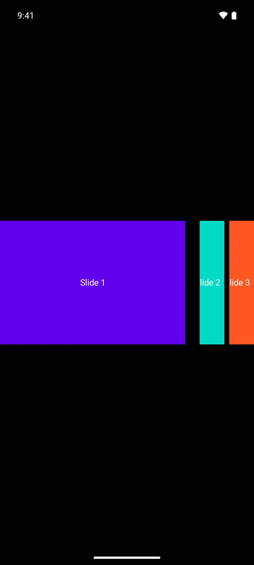A wide purple hero slide with two narrow peek slides beside it
