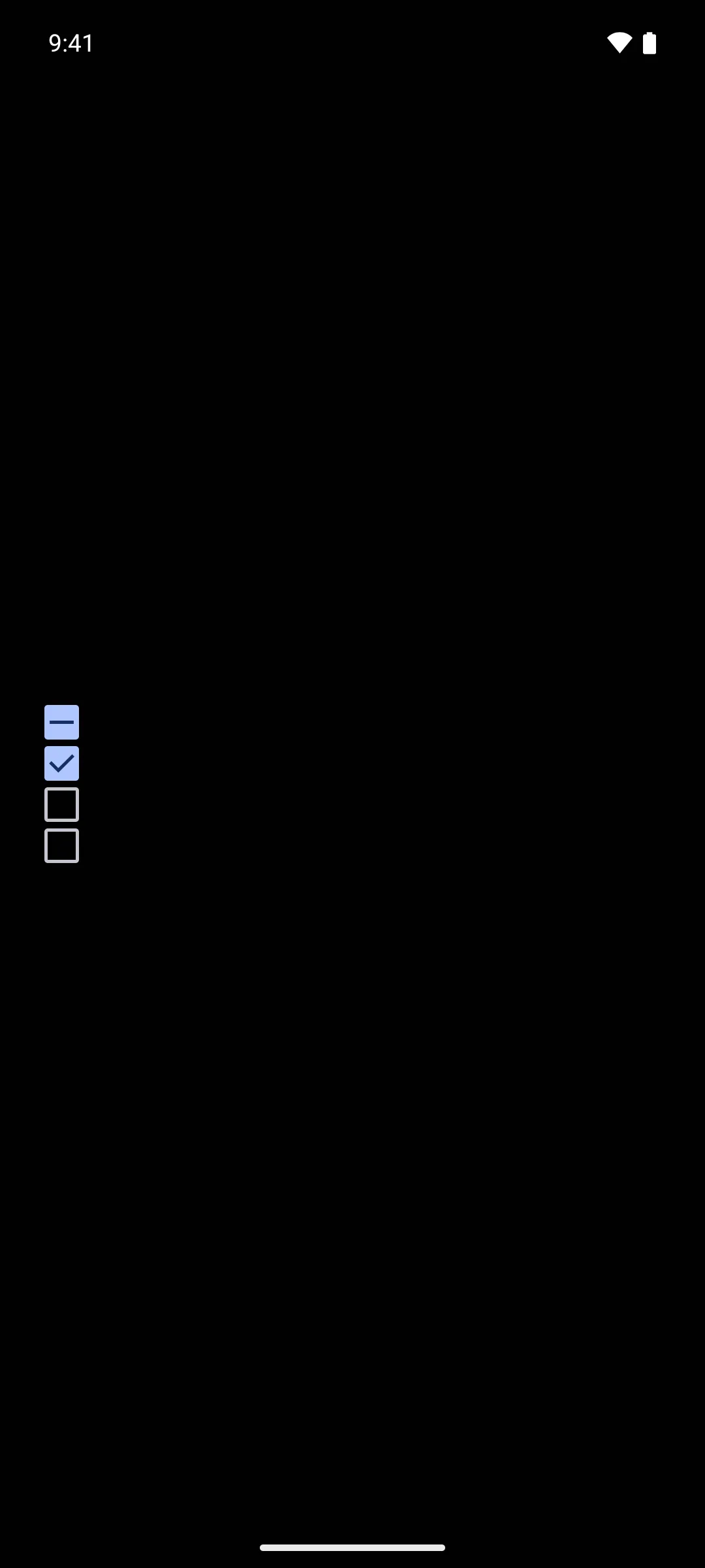 A Select all row showing the indeterminate dash above one checked and two unchecked options